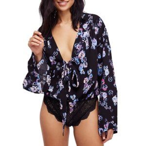Free People Black Floral Tie-Front Long Sleeve Bodysuit